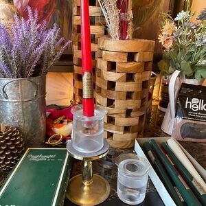 BOX OF Tapered Candles, Holders & Brass Stand